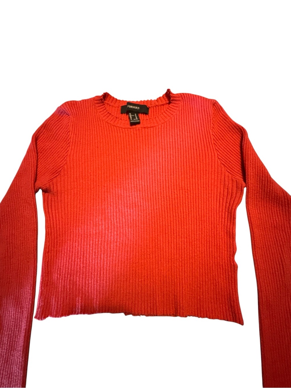 Forever 21 Red Ribbed Long-Sleeve Crop Top